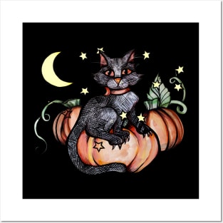 Autumn Black Cat Pumpkin Patch Posters and Art